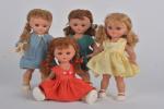 Bella, quatre petites poupées vers 1940-50
avec nattes, yeux mobiles, habits....