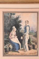 Ecole du XIXe siècle
Les jeunes fiancés
Aquarelle.
25 x 19,5 cm.