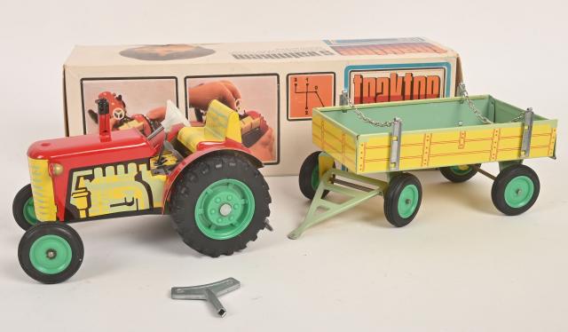 Tracteur Jouet Mécanique Vintage Avec Remorque En Tôle - Jaune Et Rouge - Occasion (sans Clé)