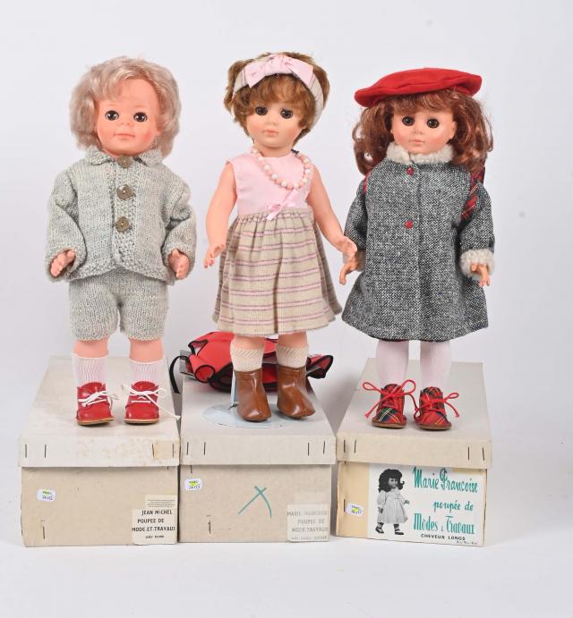 Petitcollin, trois poupées, Marie Françoise et Jean-Michel, en plastique...