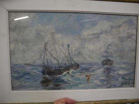 Aquarelle Originale 19ème - Figurines & Bateaux, Scène De Littoral (Pays De Galles ?)