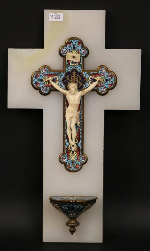 Crucifix Formant Bénitier En Onyx Et Émaux Cloisonnés - Objet Religieux Occasion