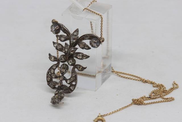 Broche Ancienne En Argent Avec Rose De Diamants - Longueur 8 Cm, Très Bon état