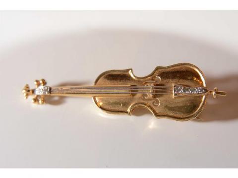 Ancienne Broche Art Déco Violon - Plaqué Or 18k 750 - Créateur YR