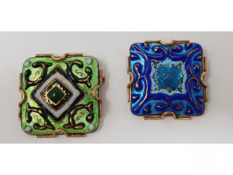 Boucles D'oreilles Vintage émaux De Limoges Sur Cuivre - Signées, Bleu Feuille, Clips