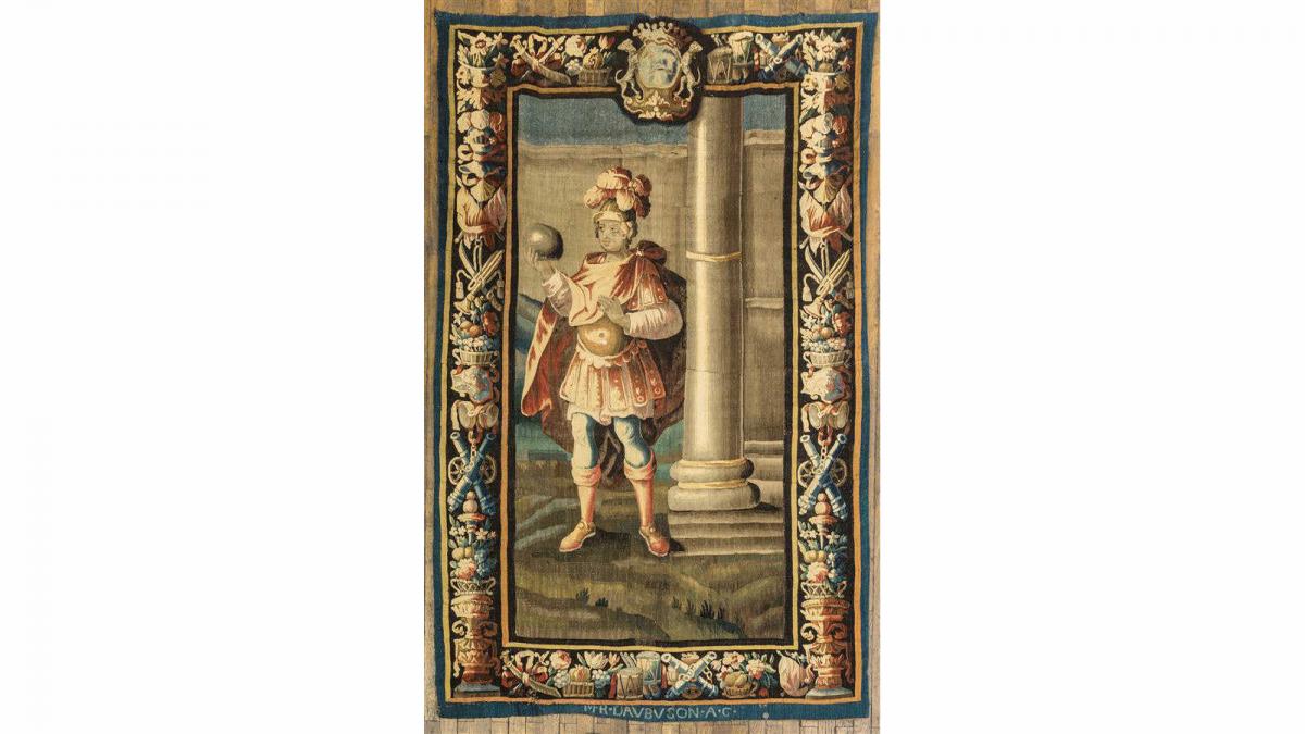 Tableau Ancien Style Tapisserie – Scène Médiévale, Fond Noir, Fait Main
