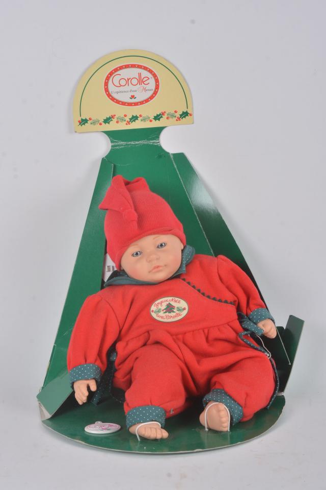 Corolle, Joyeux No?�l poupon t??te en plastique, corps souple en tissu, yeux bleus fixes, pyjama 