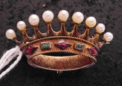 Broche couronne vintage : épingles en strass dorés - France