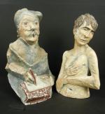 Anonyme : Couple de personnages grotesques à mi-corps en plâtre...