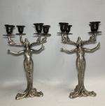 C. BONNEFOND (XIX-XXème)
Paire de candélabres en métal argenté, à quatre...