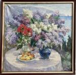 ECOLE RUSSE du XXème
Bouquets de fleurs sur une table devant...