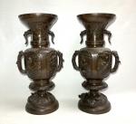 JAPON
Paire de vases en bronze patiné à décor d'animaux dans...