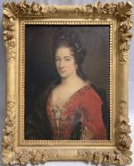 Ecole FRANCAISE vers 1720
Portrait de femme à la robe rouge
Toile
66,5...