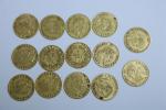 14 pièces en or de 5 francs Napoléon III tête...