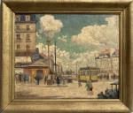 Émile Alfred DEZAUNAY (1854-1938)
Nantes, tramway place du Bouffay, 1929. 
Huile...