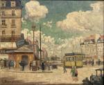 Émile Alfred DEZAUNAY (1854-1938)
Nantes, tramway place du Bouffay, 1929. 
Huile...