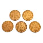 Cinq pièces or de 20 francs
Génie de la République
1876 A,...