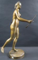 D'après Jean-Antoine HOUDON, ép. XIX' : Diane chasseresse. Bronze patiné,...
