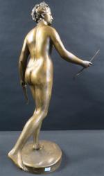 D'après Jean-Antoine HOUDON, ép. XIX' : Diane chasseresse. Bronze patiné,...