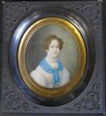 Miniature ovale représentant une jeune femme au foulard bleu, ép....