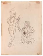 Paul Cézanne (1839-1906)<br />
Soldat et vieille femme<br />
Circa 1856-57<br />
Plume et encre brune sur traits de crayon<br />
22,4 x 16,9 cm<br />
Au recto, crayon noir sur papier de Marie Cézanne