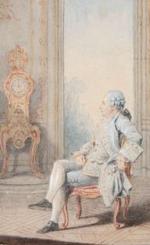 Louis Carrogis, dit Carmontelle (1717-1806)<br />
Portrait de Jean-Benjamin de La Borde<br />
devant l’horloge astronomique de Passemant<br />
Sanguine, crayon noir et aquarelle<br />
25 x 15 cm