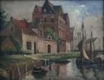 ECOLE HOLLANDAISE début XXème
Animations sur le canal près d'un château
Huile...