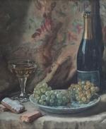 Gabrielle DELAVALLEE (XXème siècle)
Nature morte aux raisins et au champagne
Huile...