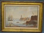 Zacharie DOUMET (1761-1818) attribué à 
Entrée d'un port
Plume, aquarelle et...
