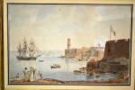 Zacharie DOUMET (1761-1818) attribué à 
Entrée d'un port
Plume, aquarelle et...