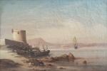 E. CAUVIN (XIXème)
Paysage maritime en Méditerranée, 1843. 
Huile sur toile...