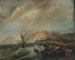 ECOLE FRANCAISE fin XIXème
Bateaux dans la tempête près des côtes
Huile...