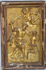 BAS-RELIEF en bois sculpté représentant le sacrifice d'Isaac, au moment...