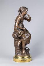 Mathurin Moreau (1822-1912)
" La becquée "
Sujet en bronze à patine...