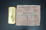 Lingot d'or avec bulletin d'essai émis le 18 juin 1965...