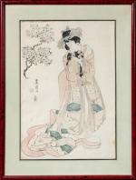 JAPON - ESTAMPE de format oban, représentant une courtisane sous...