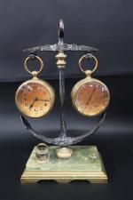 Pendulette et baromètre anéroïde de bureau en bronze en forme...