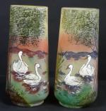 LEGRAS : Paire de vases en verre peint à décor...