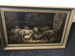 ECOLE FRANCAISE XIXe siècle, "Moutons dans la bergerie", huile sur...