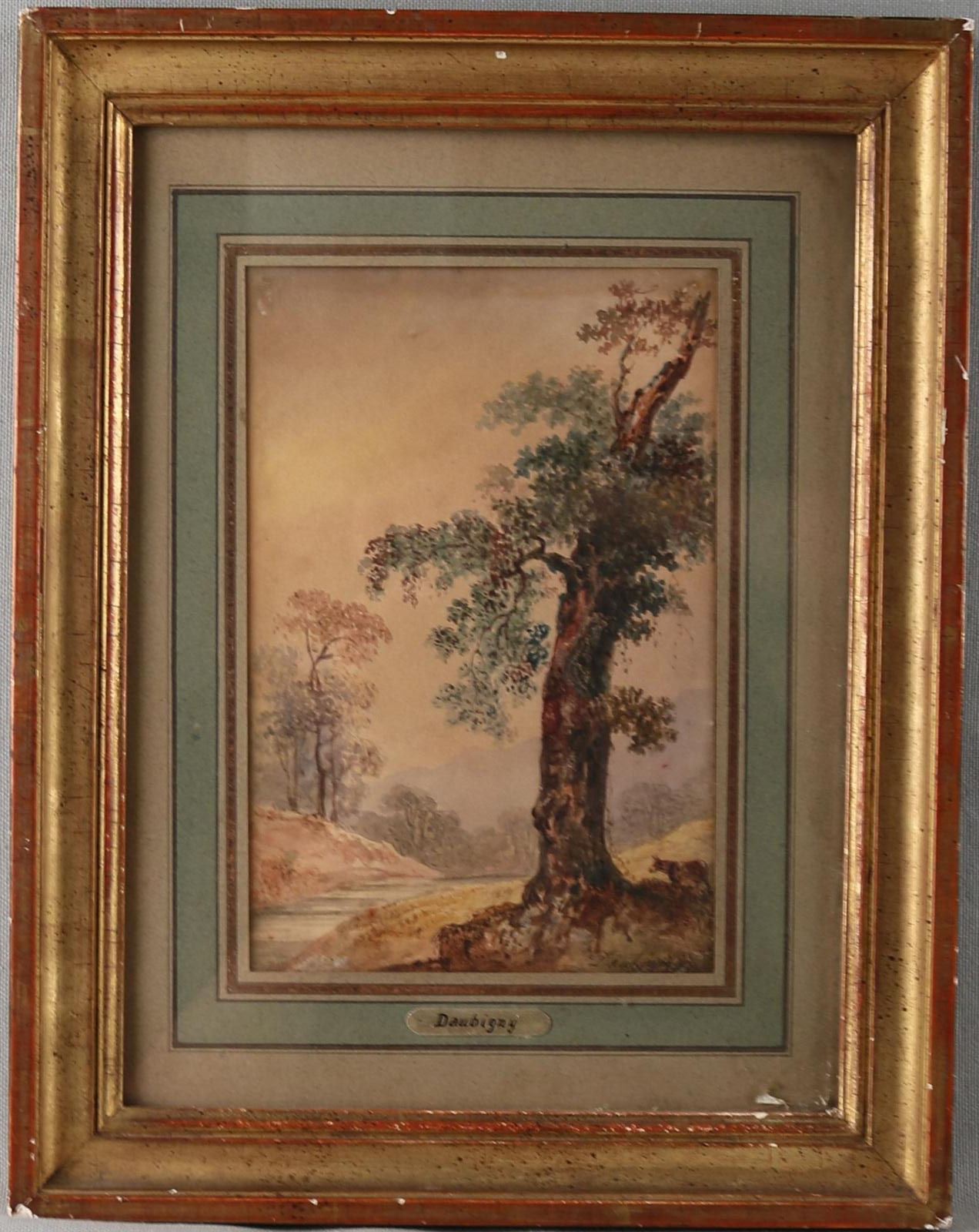 DAUBIGNY Charles François (1817-1878) 
Paysage au ruisseau
Aquarelle sur papier, signée...