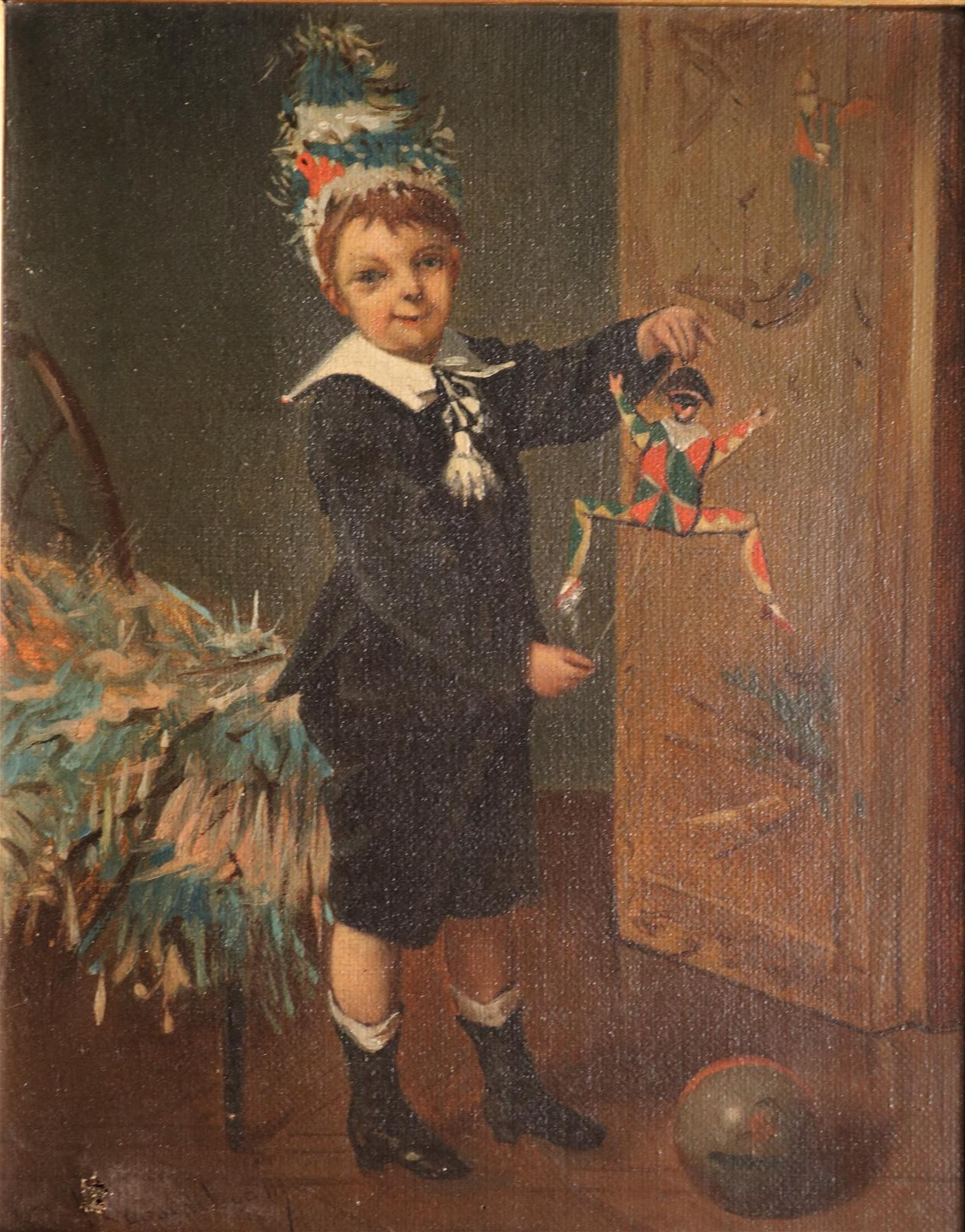 ROOSENBOOM Albert (1845-1875) "Enfant au pantin arlequin " - Huile...