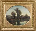 Antony VIOT (1817-1866) " Paysage lacustre animé " Huile sur...