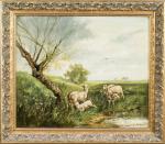 Eugène DESHAYES (1862-1939). " Moutons au bord d'un étang "....