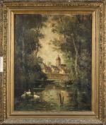 Henri MORAL (1840-1889). " Paysage au lac ". Huile sur...