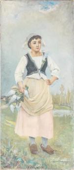 Marguerita PIlLINI (XIXème-XXème siècles). " Jeune Bretonne aux lilas "....