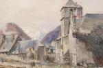 LAFORGUE Jean (1901-1975) Village de montagne animé, aquarelle signée en...