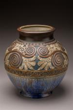 Mougin Vase boule en grès plychrome à décor de motifs...