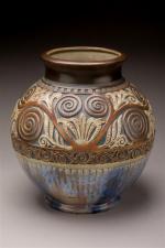 Mougin Vase boule en grès plychrome à décor de motifs...