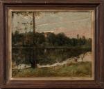 David GIRIN (1848-1917). " Soleil couchant sur l'étang ". Huile...
