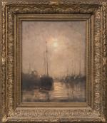Alphonse STENGELIN (1852-1938). " Bateaux dans le port, la nuit...